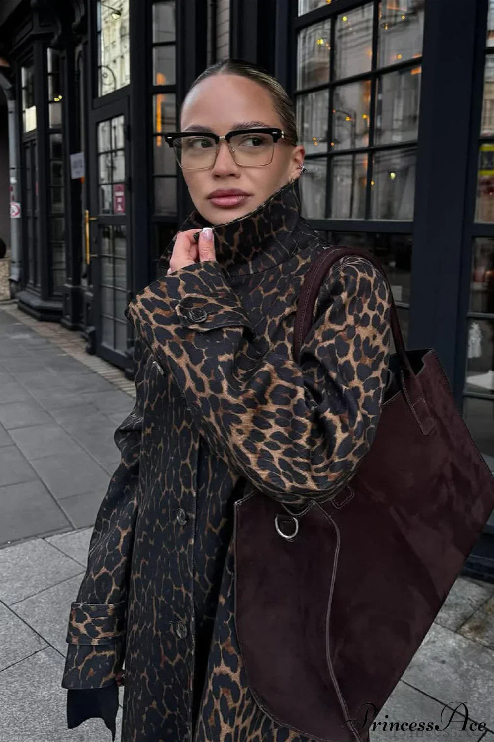 Leopard Stand Collar Stylish Long Overcoat - Image 3