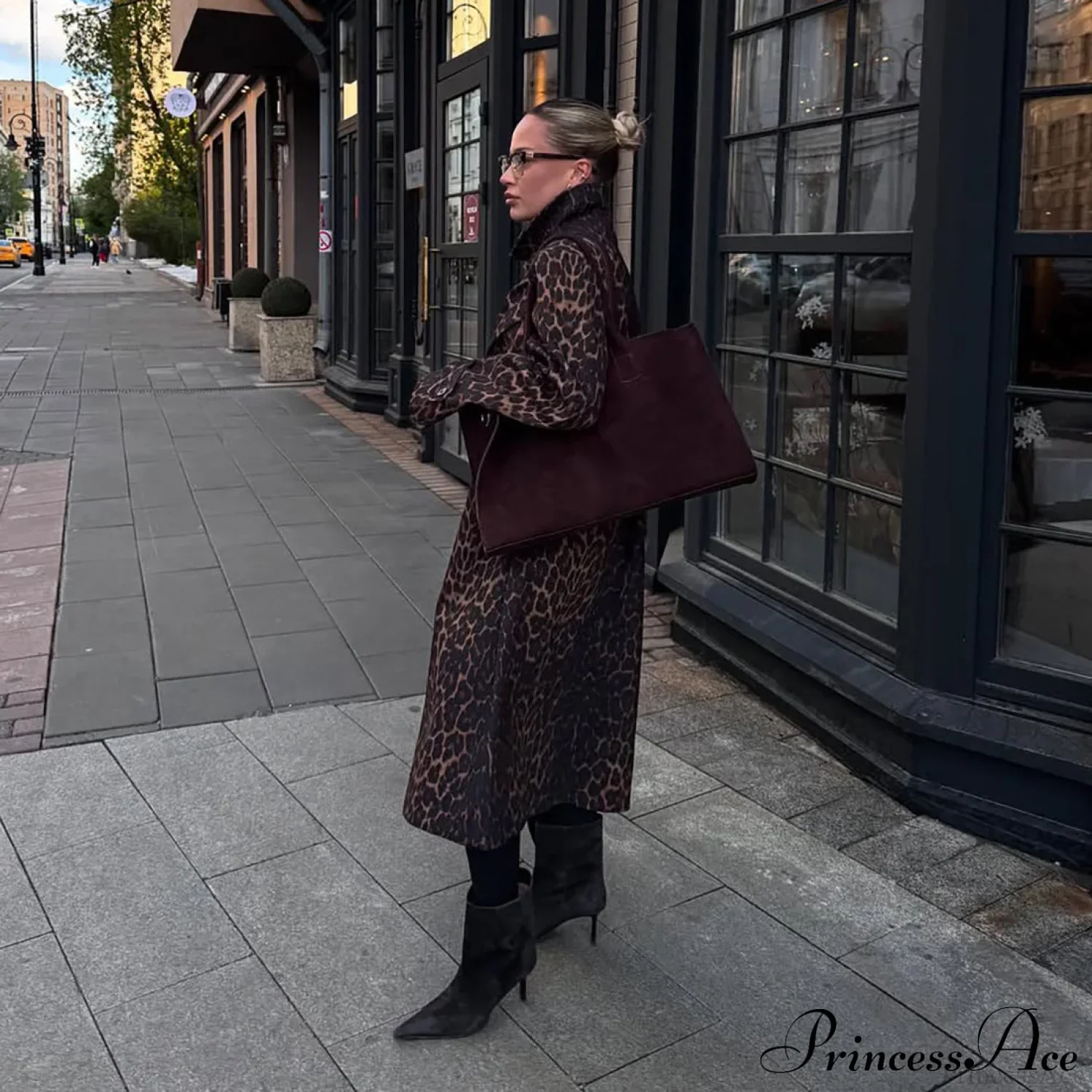 Leopard Stand Collar Stylish Long Overcoat - Image 4