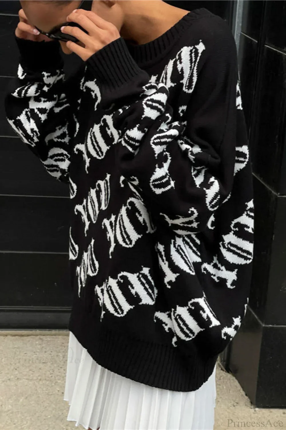 Letter Color Block Long Sleeve Knit Sweater - Image 3