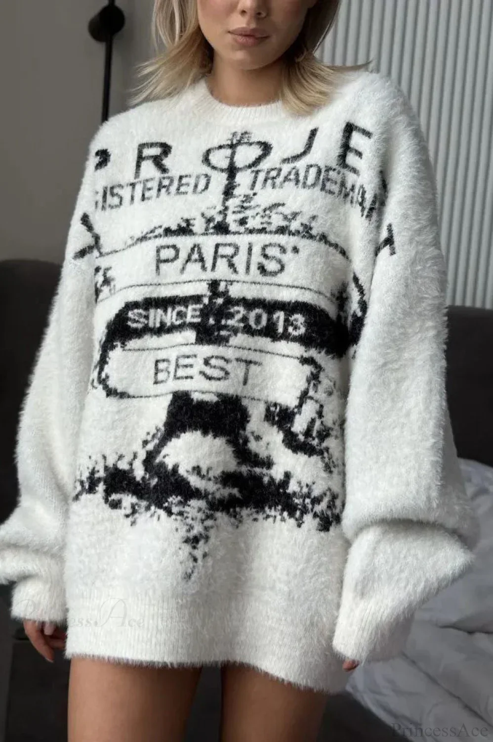 Letter Crew Neck Loose Mid Long Knit Sweater - Image 5
