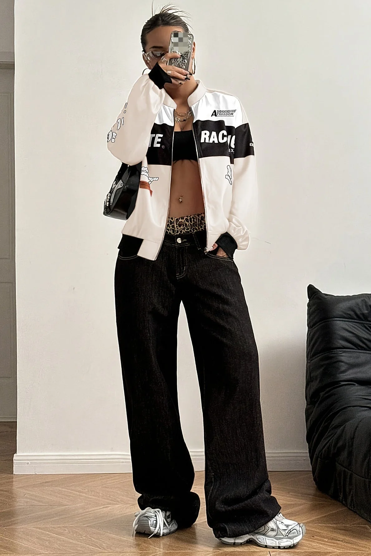 Letter Design Zip Color Block Biker Chic Long Sleeve Jacket - Image 6