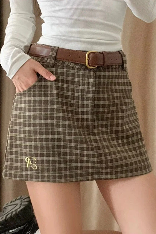 Letter Embroidery Plaid Low Waist Skirt - Image 3