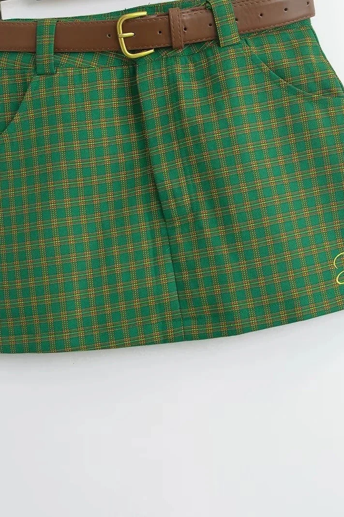Letter Embroidery Plaid Low Waist Skirt - Image 4