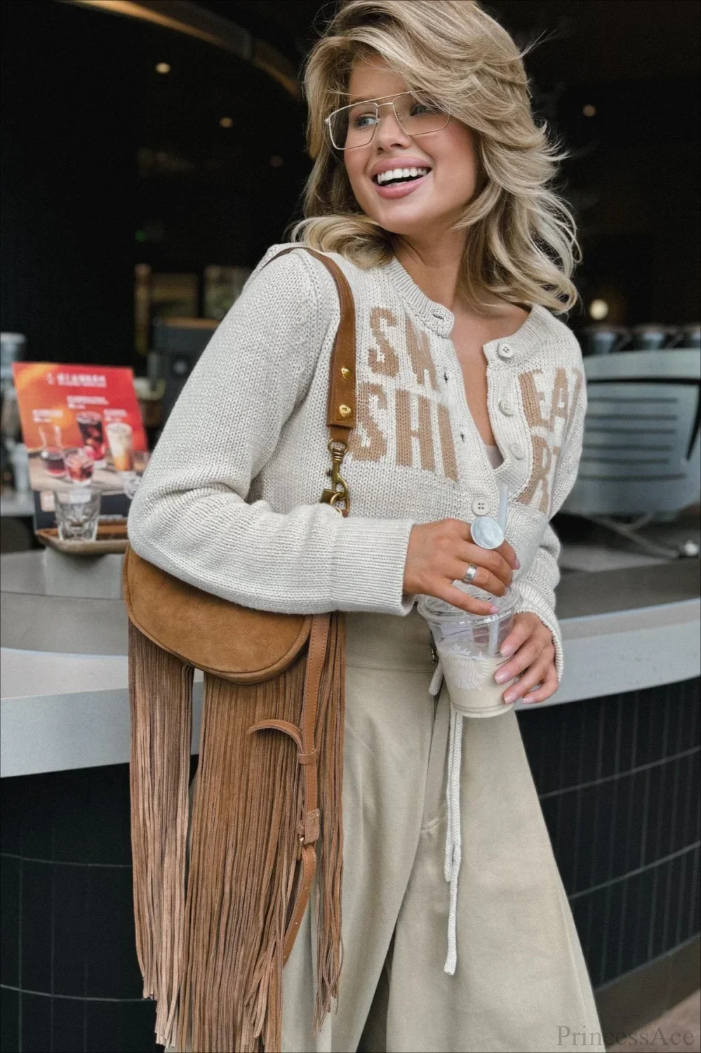 Letter Jacquard Cropped Drawcord Cardigan Sweater - Image 2