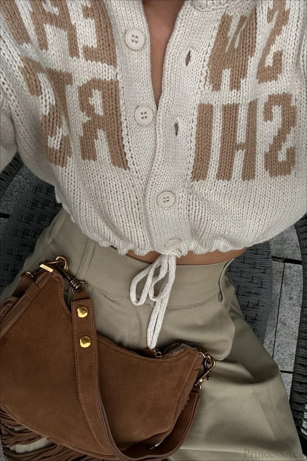 Letter Jacquard Cropped Drawcord Cardigan Sweater - Image 4