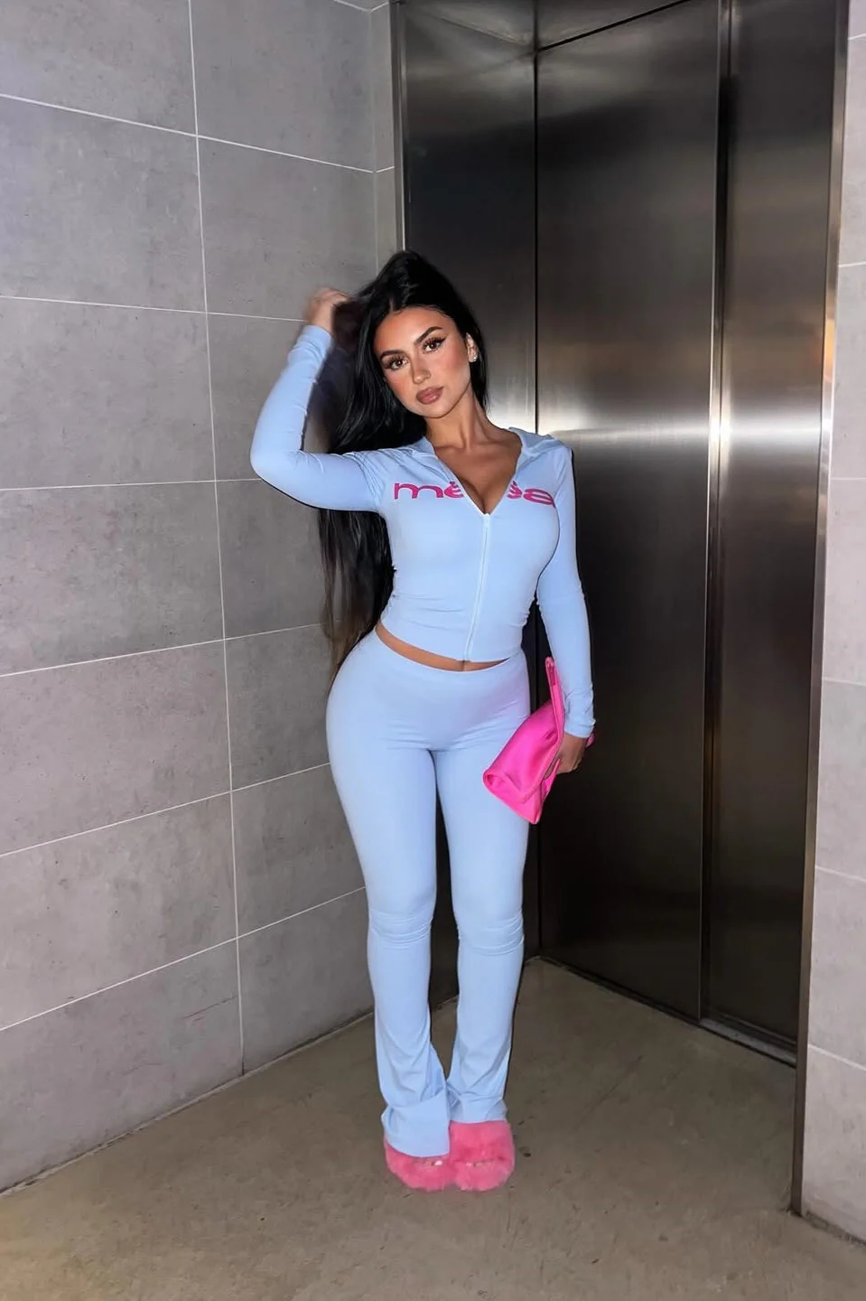 Letter Print Crop Hoodie & Skinny Pants Two Piece Set - Image 8