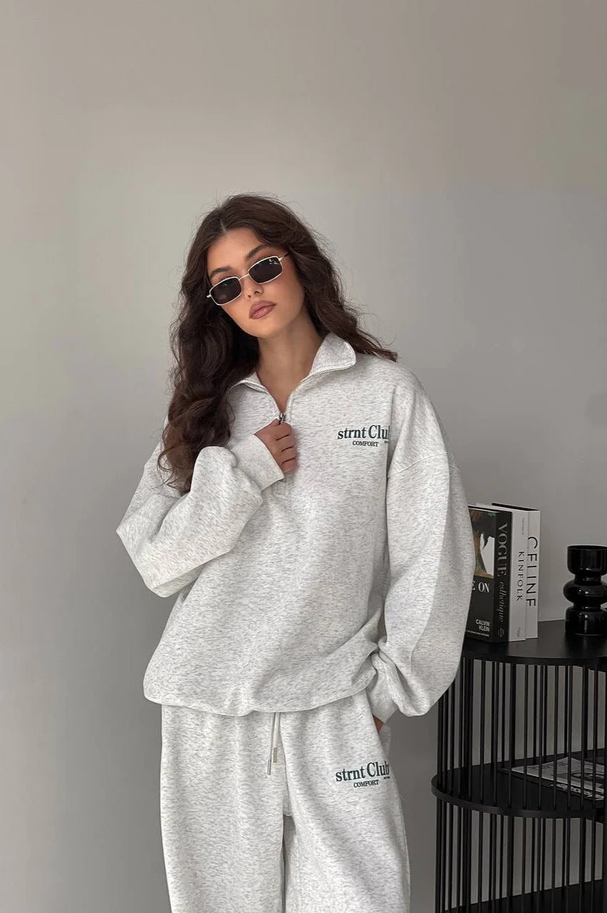 Letter Print Half-Zip Hoodie Loose Straight Pants Two Piece Set - Image 2
