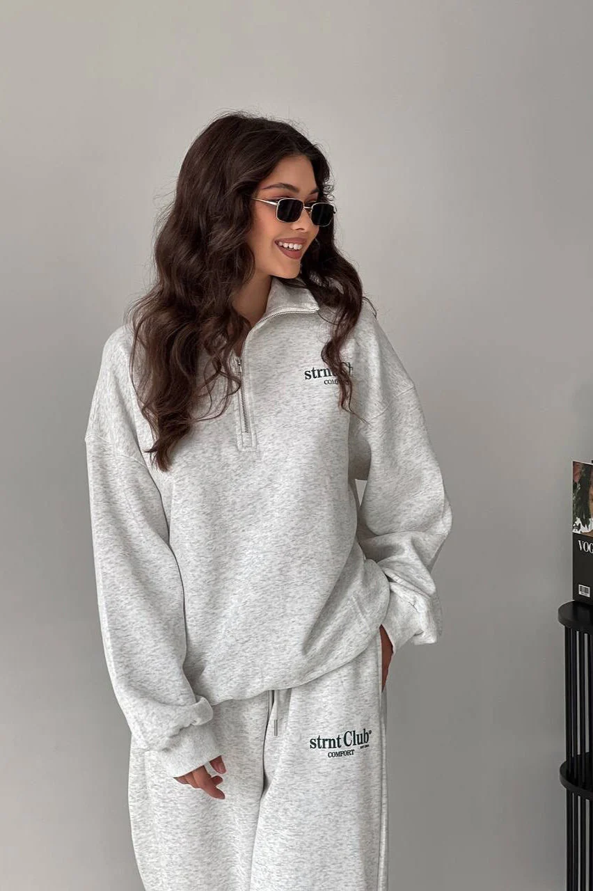 Letter Print Half-Zip Hoodie Loose Straight Pants Two Piece Set - Image 3