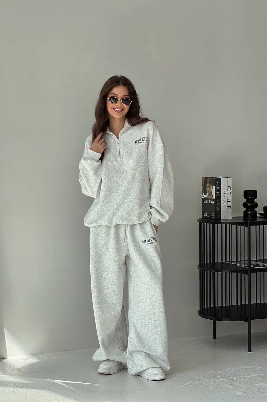 Letter Print Half-Zip Hoodie Loose Straight Pants Two Piece Set - Image 4