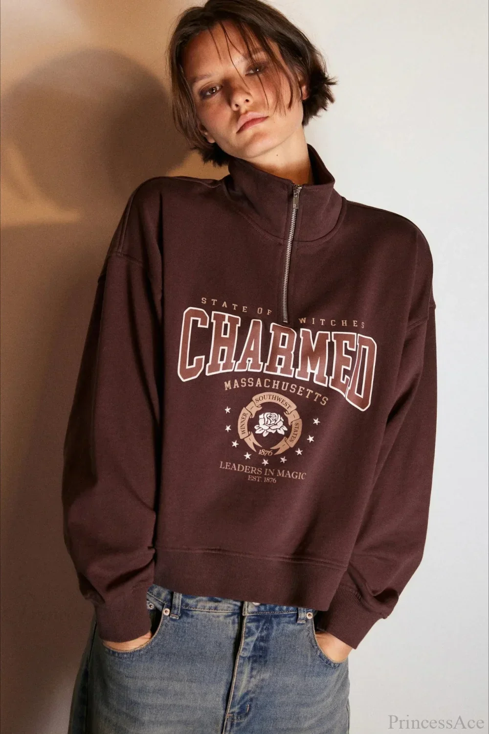 Letter Print Half Zip Stand Collar Loose Sweatshirt - Image 6