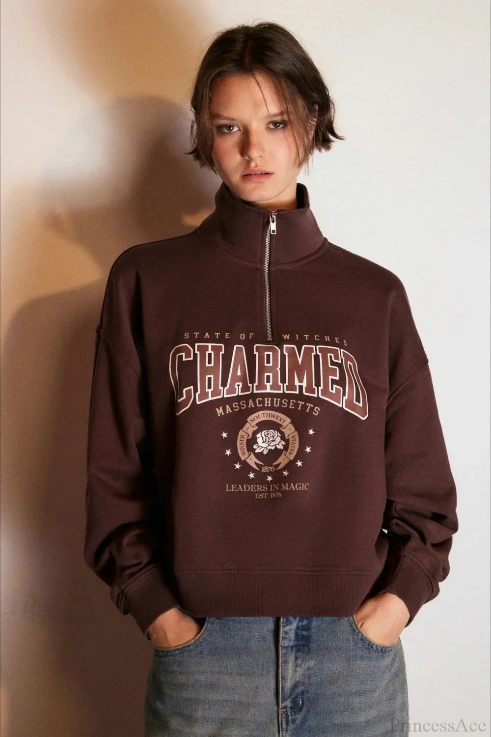 Letter Print Half Zip Stand Collar Loose Sweatshirt - Image 7