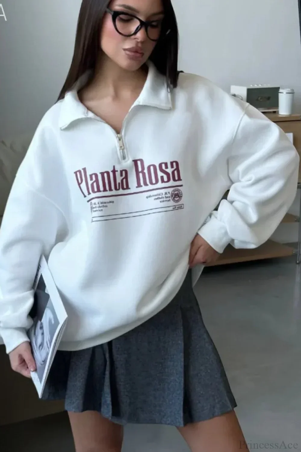 Letter Print Relaxed Convertible Collar Half-Zip Sweatshirt - Image 10