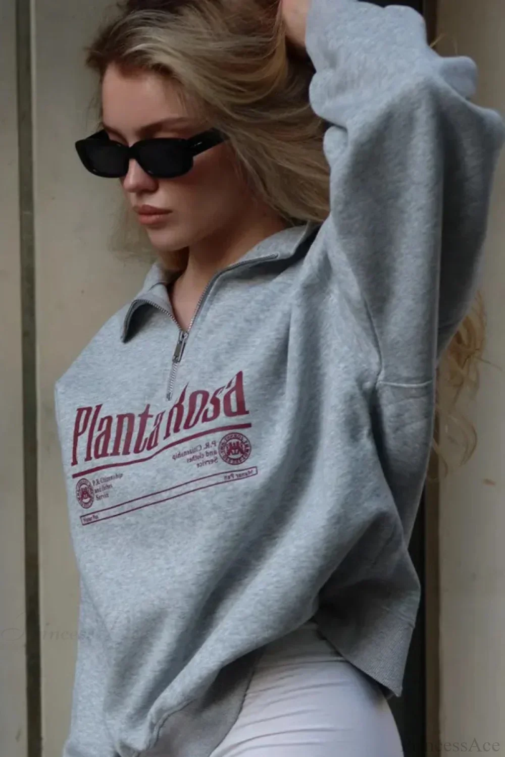 Letter Print Relaxed Convertible Collar Half-Zip Sweatshirt - Image 2