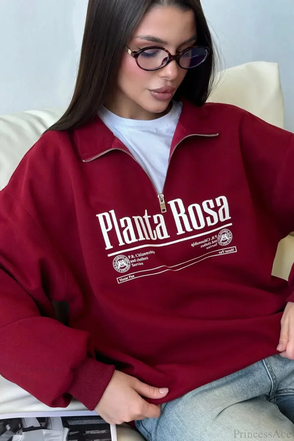 Letter Print Relaxed Convertible Collar Half-Zip Sweatshirt - Image 6