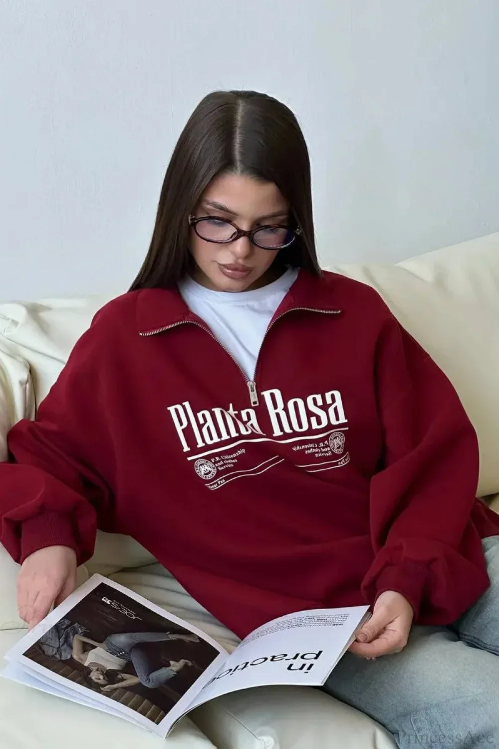 Letter Print Relaxed Convertible Collar Half-Zip Sweatshirt - Image 7