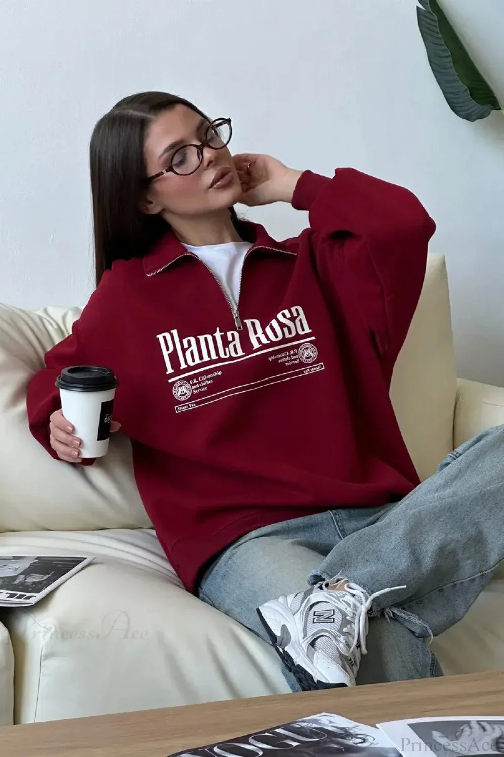 Letter Print Relaxed Convertible Collar Half-Zip Sweatshirt - Image 8