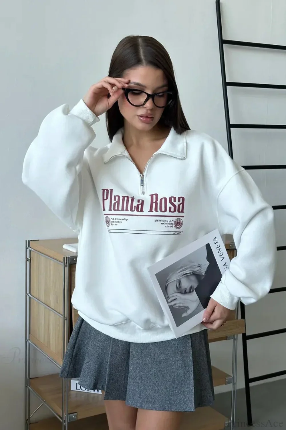 Letter Print Relaxed Convertible Collar Half-Zip Sweatshirt - Image 9