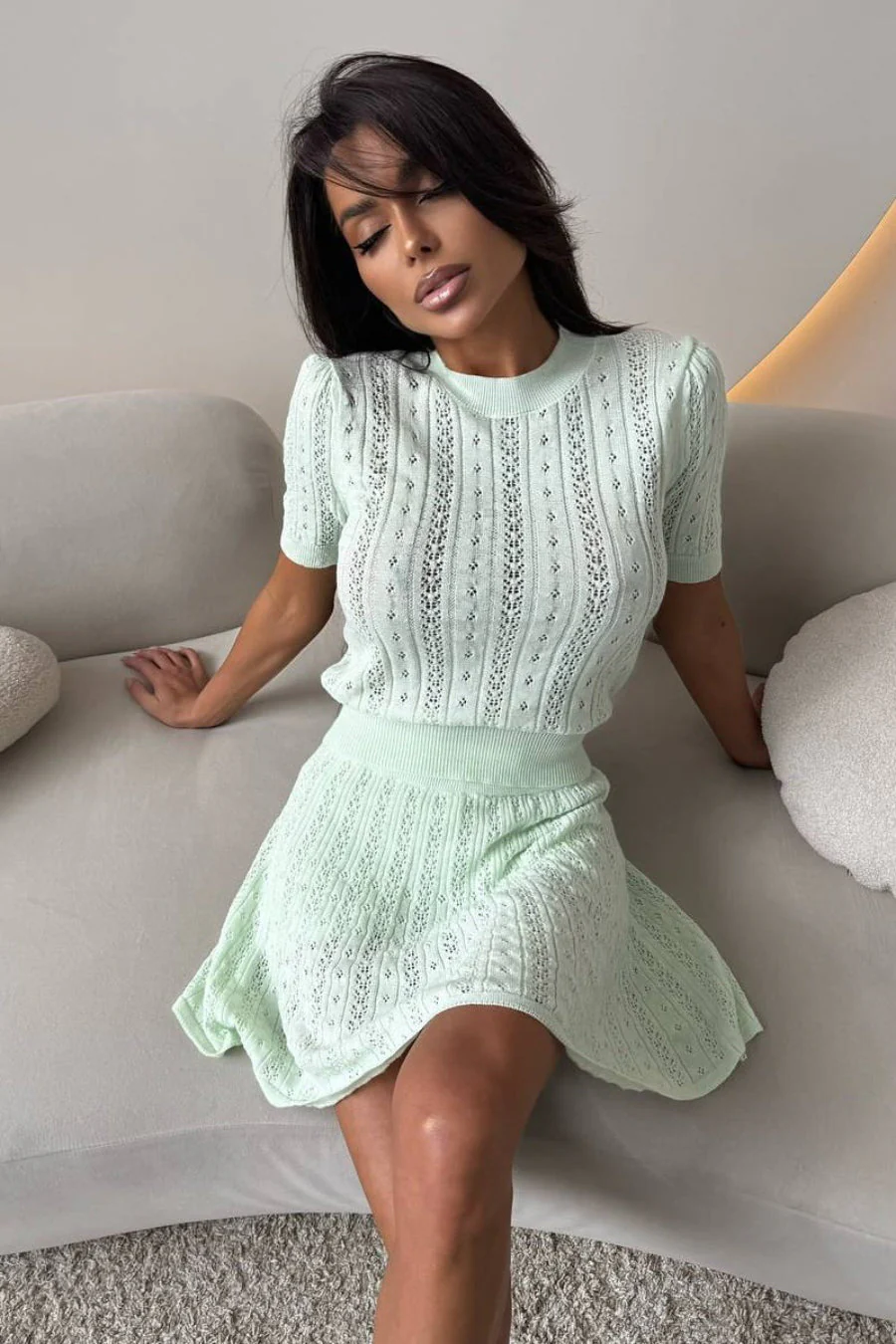Lightweight Knit Solid Crew Neck Cutout Skirt Set - Image 10