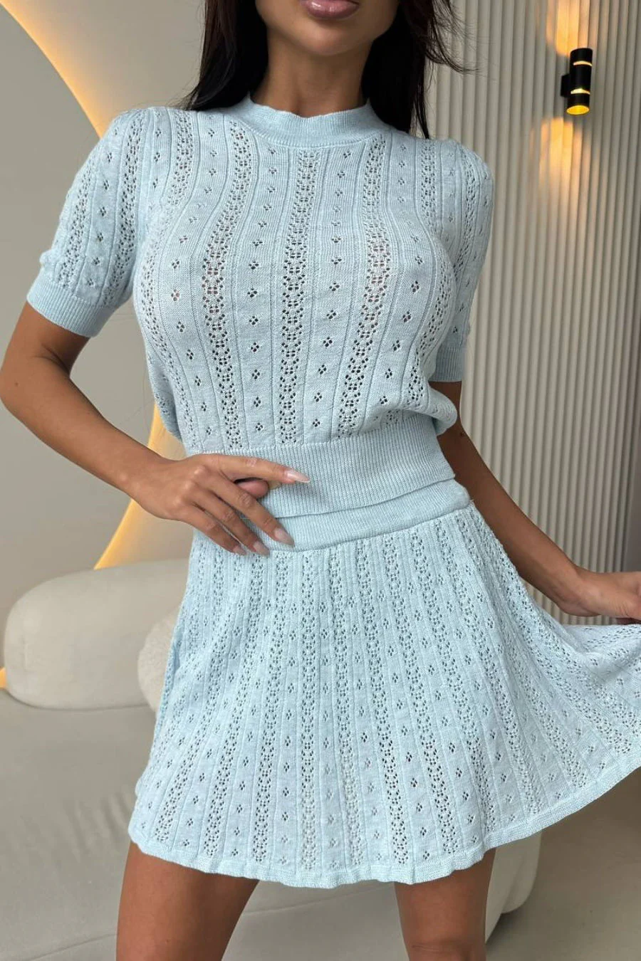 Lightweight Knit Solid Crew Neck Cutout Skirt Set - Image 11