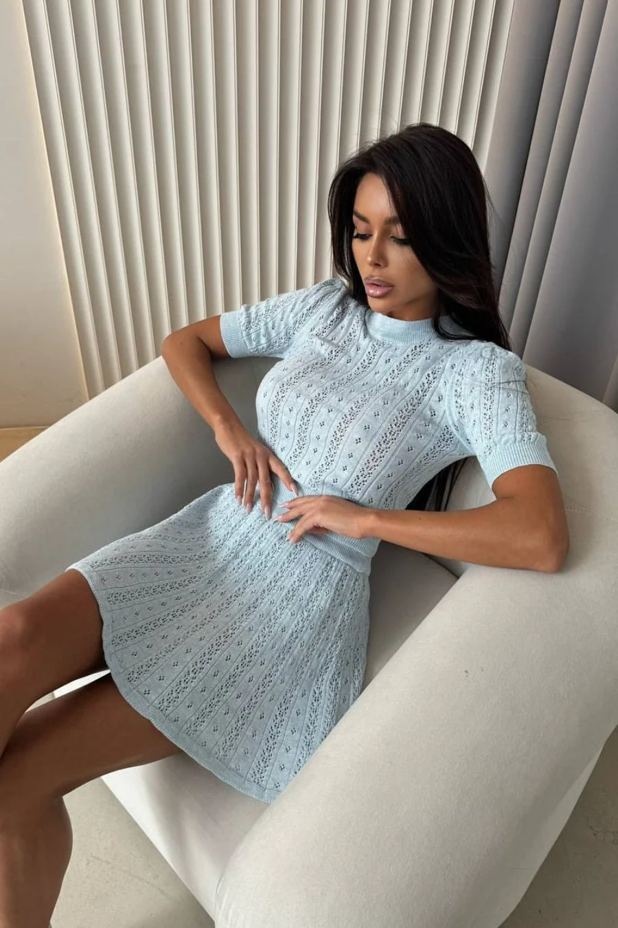 Lightweight Knit Solid Crew Neck Cutout Skirt Set - Image 12