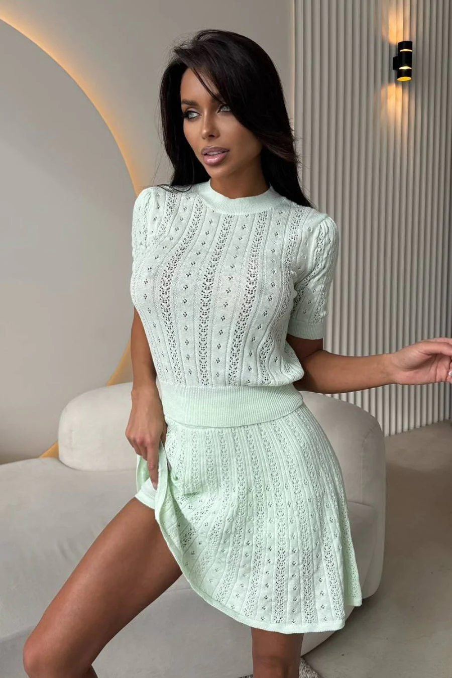 Lightweight Knit Solid Crew Neck Cutout Skirt Set - Image 9