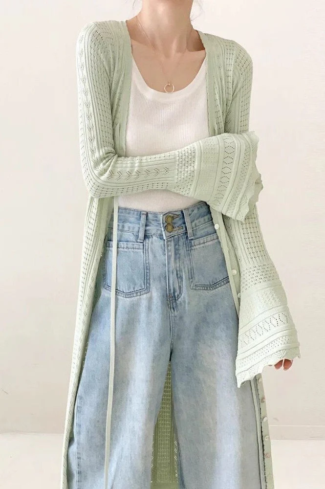 Lightweight Light Green V-Neck Bell-Sleeve Lace-Up Midi Knit Cardigan - Image 2