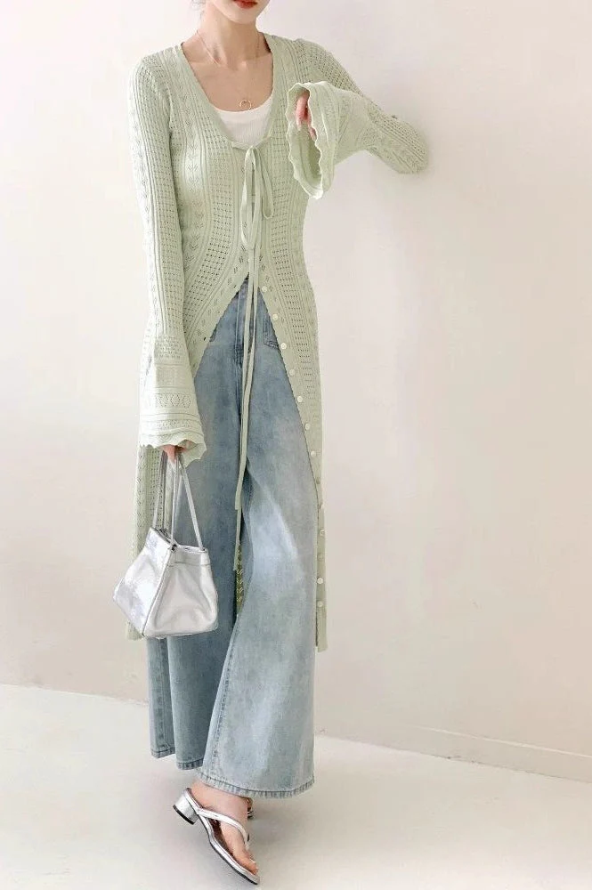 Lightweight Light Green V-Neck Bell-Sleeve Lace-Up Midi Knit Cardigan - Image 3