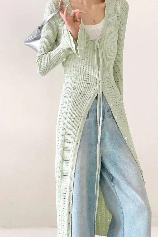 Lightweight Light Green V-Neck Bell-Sleeve Lace-Up Midi Knit Cardigan - Image 4