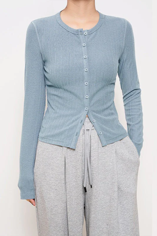 Lightweight Long-Sleeve Ribbed Slim-Fit Single-Row Button Knit Cardigan - Image 7
