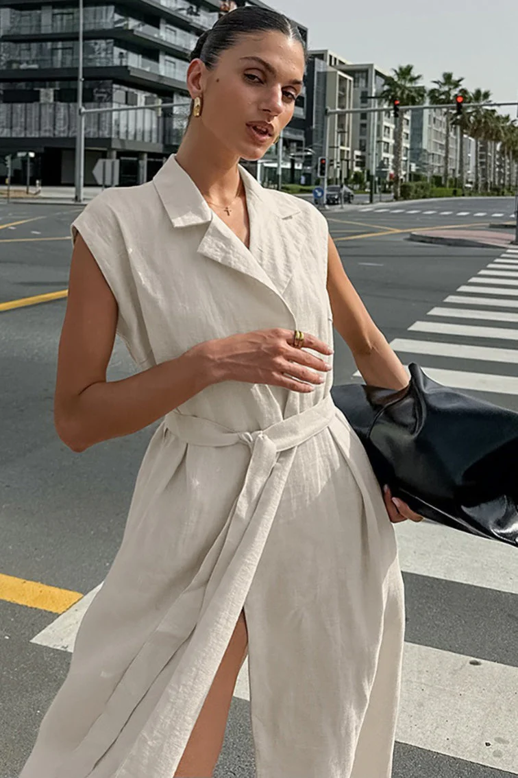 Linen Cotton High Waist Slit Tie Maxi Dress - Image 2