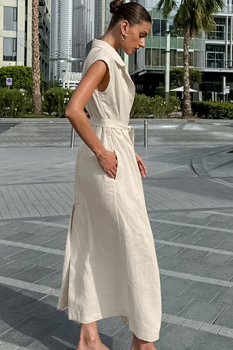 Linen Cotton High Waist Slit Tie Maxi Dress - Image 3