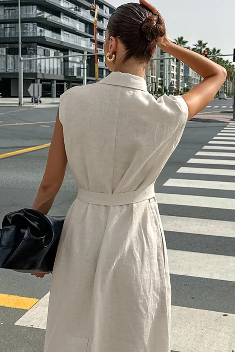 Linen Cotton High Waist Slit Tie Maxi Dress - Image 4