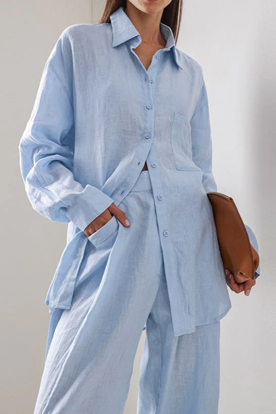 Linen Loose Long Sleeve Pants Two Piece Set - Image 2