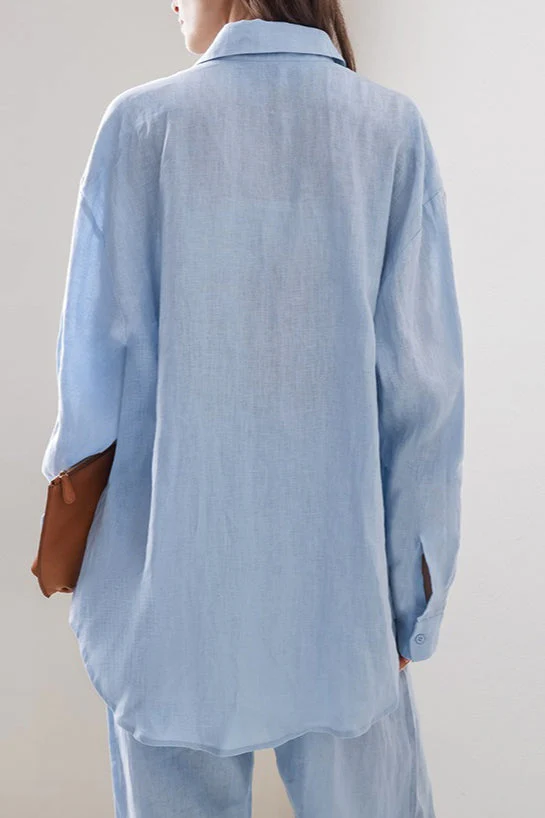 Linen Loose Long Sleeve Pants Two Piece Set - Image 3
