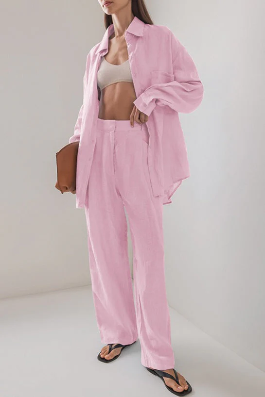 Linen Loose Long Sleeve Pants Two Piece Set - Image 5