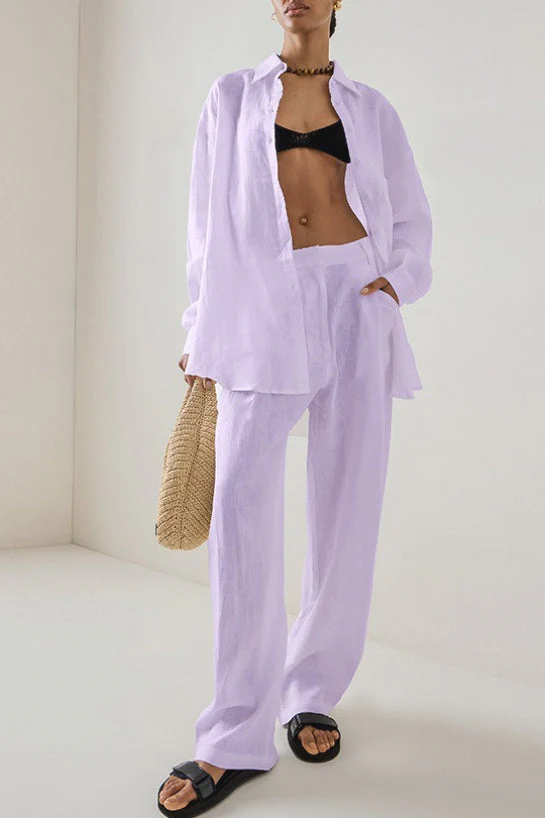 Linen Loose Long Sleeve Pants Two Piece Set - Image 7