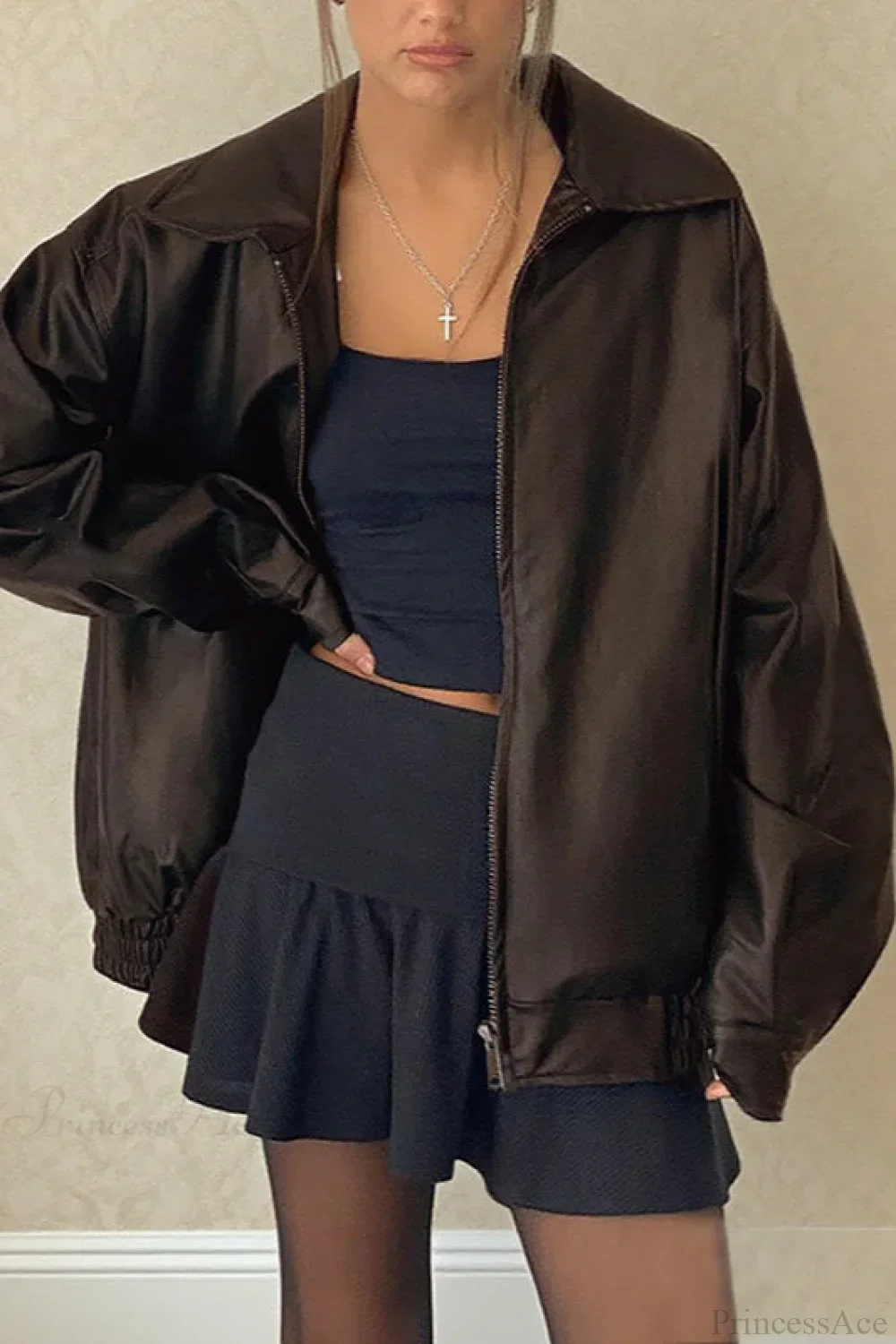 Long Sleeve Basic Loose Zipper Leather Coat - Image 2