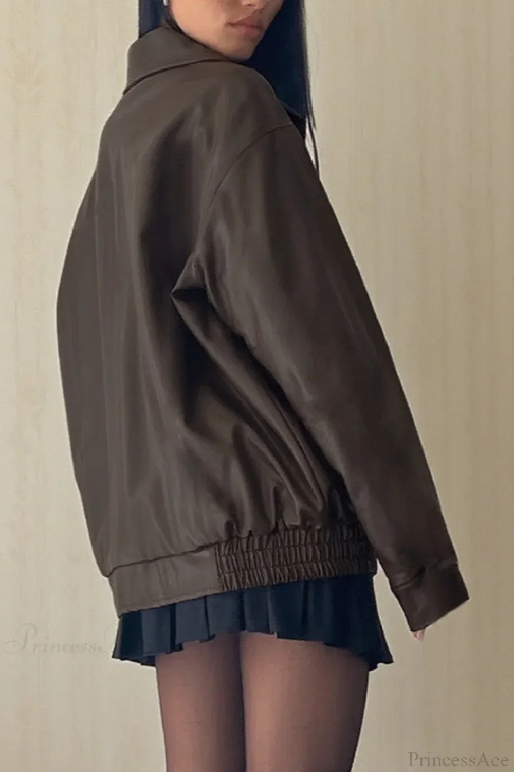 Long Sleeve Basic Loose Zipper Leather Coat - Image 3
