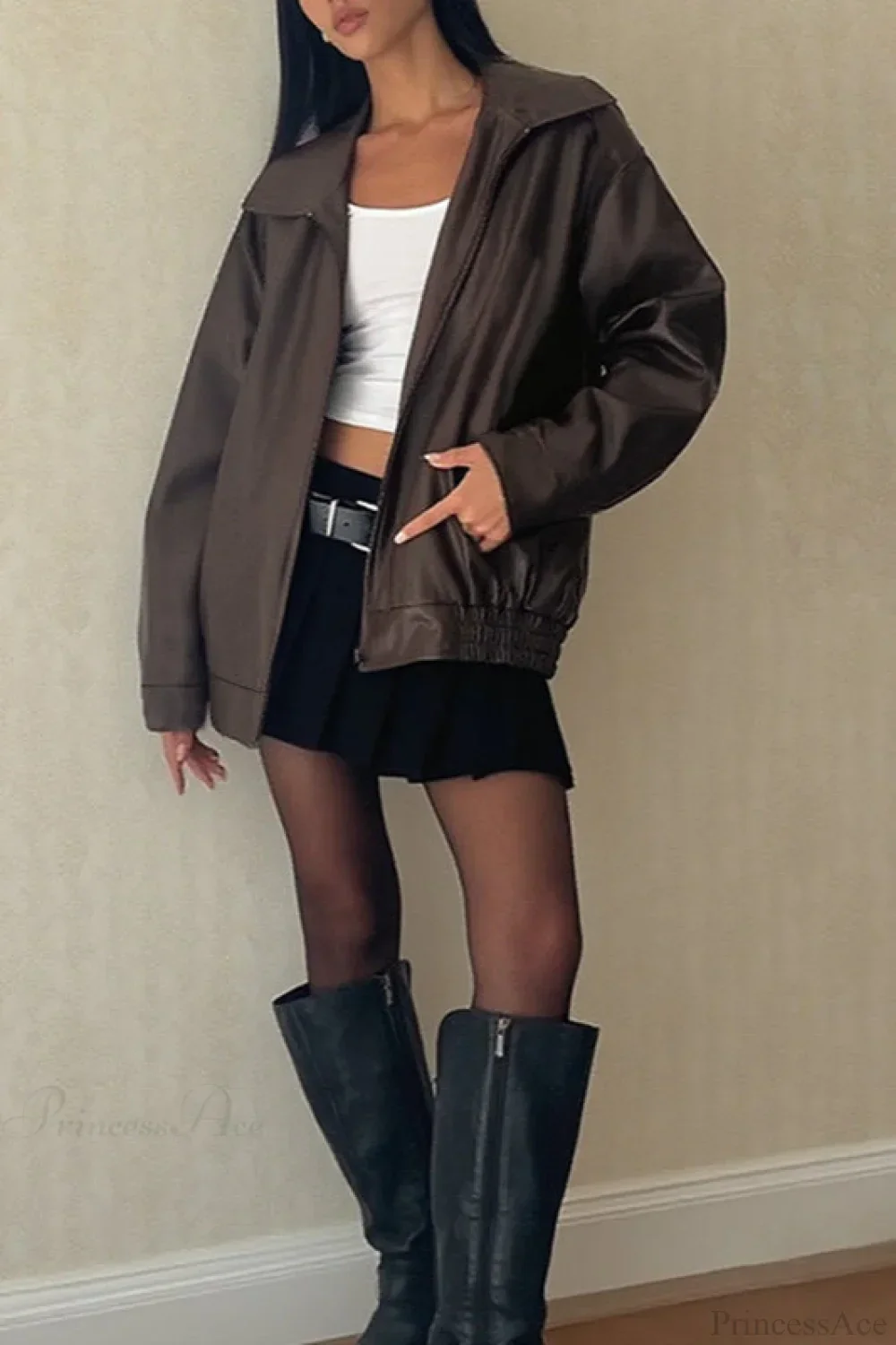 Long Sleeve Basic Loose Zipper Leather Coat - Image 4