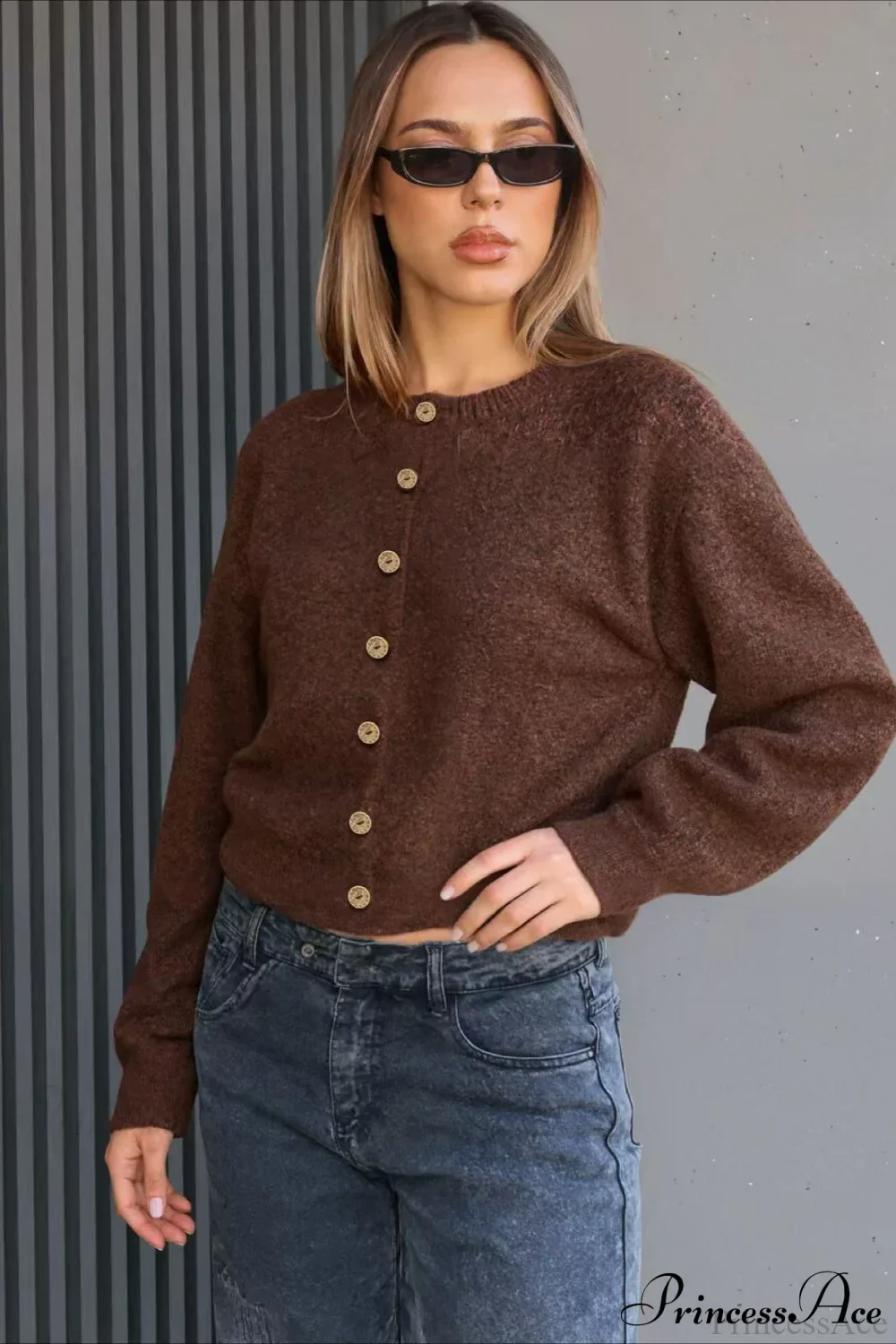 Long Sleeve Button Loose Crew Neck Knit Cardigan - Image 2