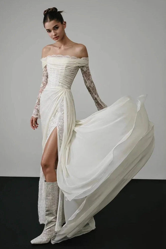 Long Sleeve Lace Off Shoulder Reception Dress - Image 2