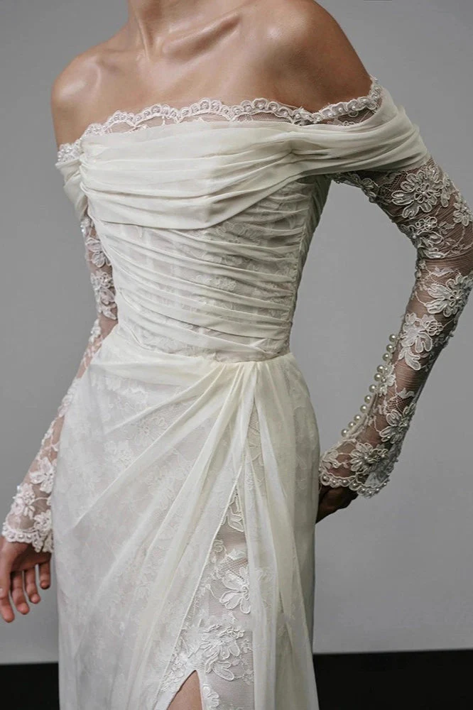 Long Sleeve Lace Off Shoulder Reception Dress - Image 3