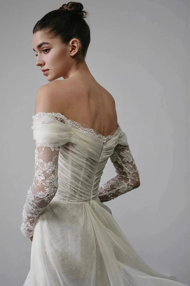 Long Sleeve Lace Off Shoulder Reception Dress - Image 4