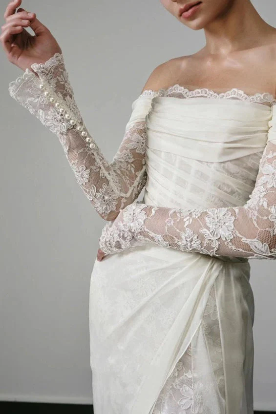 Long Sleeve Lace Off Shoulder Reception Dress - Image 5