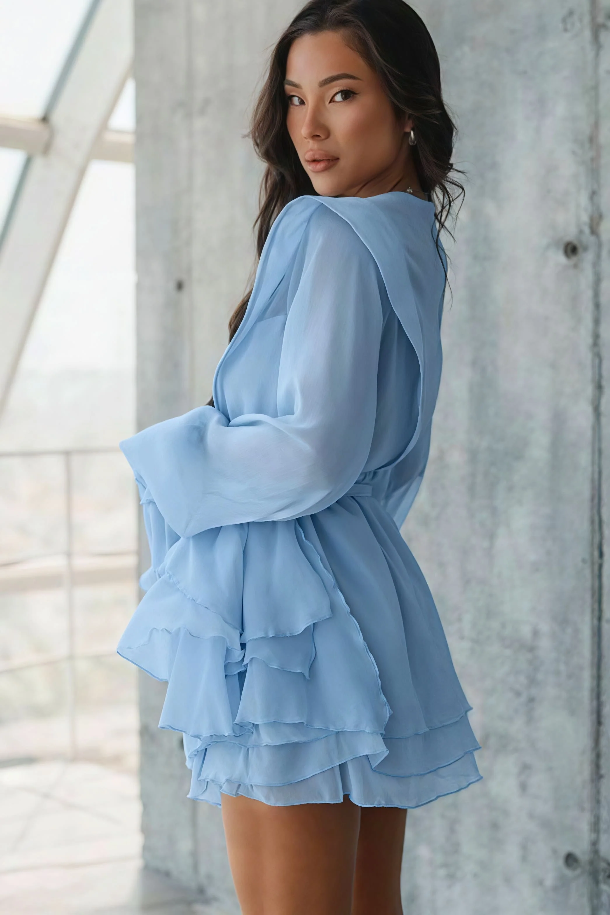 Long Sleeve Tie Mesh Sheer Tiered Mini Dress - Image 3
