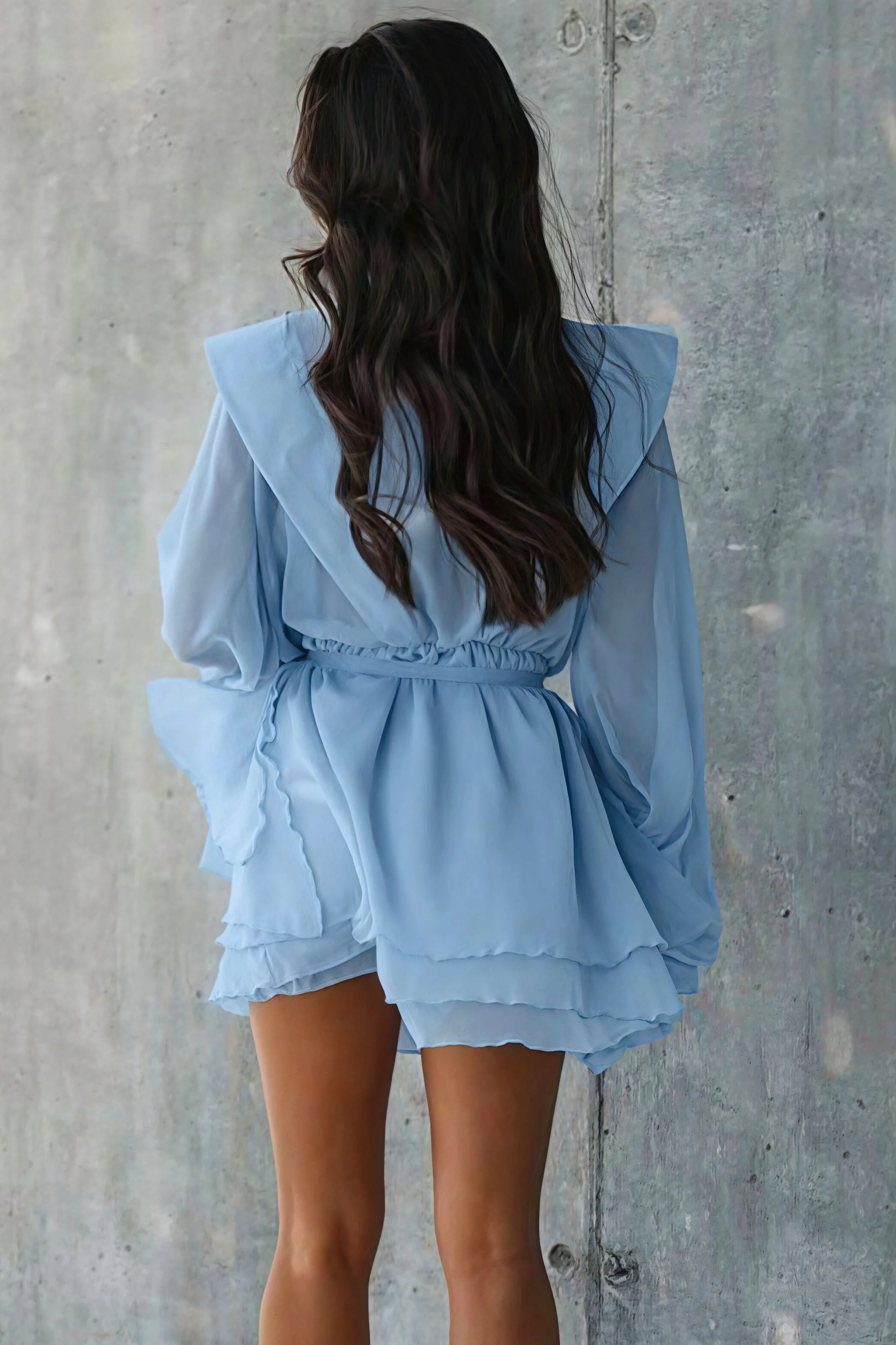 Long Sleeve Tie Mesh Sheer Tiered Mini Dress - Image 4