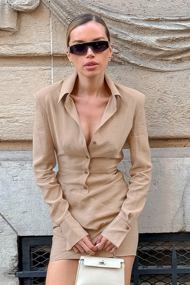 Long Sleeve Waist Irregular Pleated Bodycon Mini Dress - Image 2