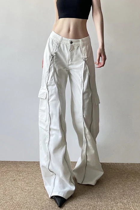 Long Zipper Pocket White Cargo Wide Leg Jeans - Image 2