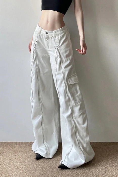 Long Zipper Pocket White Cargo Wide Leg Jeans - Image 3