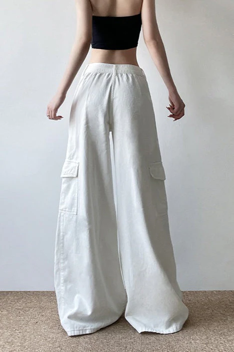 Long Zipper Pocket White Cargo Wide Leg Jeans - Image 4